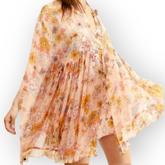 Coral light peach long sleeve boho floral dress Size Medium - Picture 6 of 8